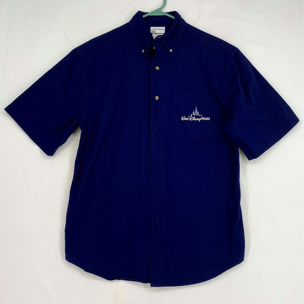 Walt Disney World Adult Small Button Front Shirt Navy Blue Embroidered Short Slv